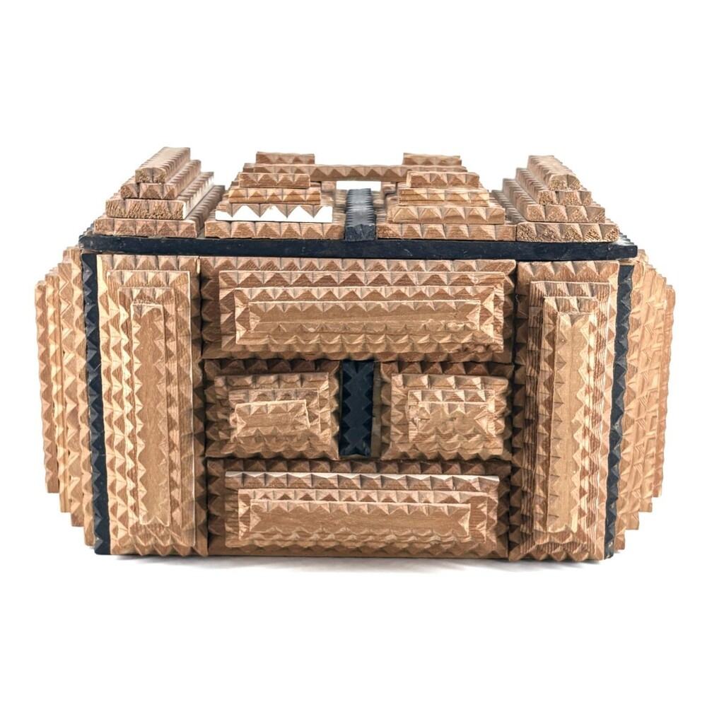 Tramp Art Jewelry Box With Heart Detail on Sides 10x6x7" - Picture 3 of 7